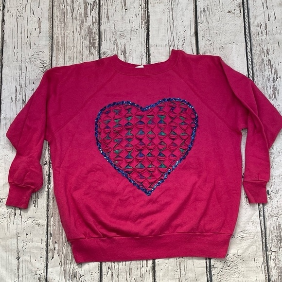 Vintage Heart Valentine Pink 1980s Crewneck Jumper Sweatshirt - Picture 4 of 5